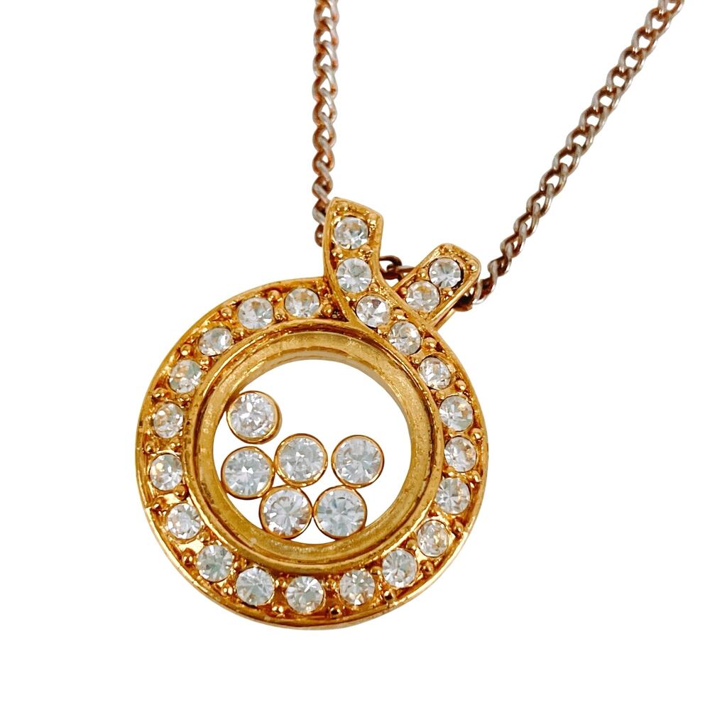Vintage Y2K Gold Tone Floating Rhinestone Halo Pendant Necklace Kinetic Jewelry